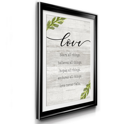 «Love Never Fails» - Reproduction d'art textuel sur papier encadré