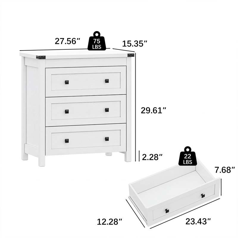 Commode moderne à 3 tiroirs l 26,46 po Feaman, Blanc, Individual