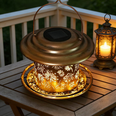 Solar Powered Bird Feeder Lantern With Flowers Pattern, Weatherproof Metal Outdoor Hanging Feeder For Garden And Yard Decoration