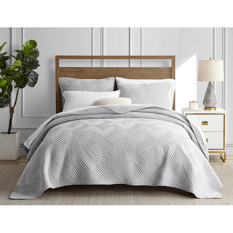 Gray Full Microfiber Reversible Quilt Set with Geometric Stitching