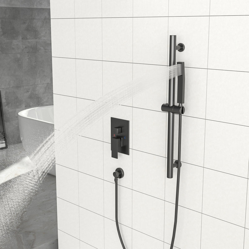 Wall Mounted Matte Black Shower - 12 Inch Square With Adjustable Slide, Rainfall Head, And Handheld Flange System Head Mount, Bar, -Balanced Feature