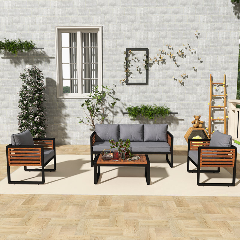 Canapé d'extérieur 72,44 po en métal et bois avec coussins gris, Gris