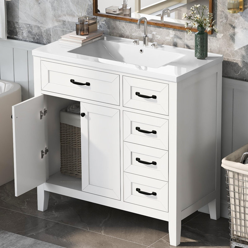 Meuble-lavabo 36 po avec lavabo en céramique et armoires à glace, Blanc / noir mat
