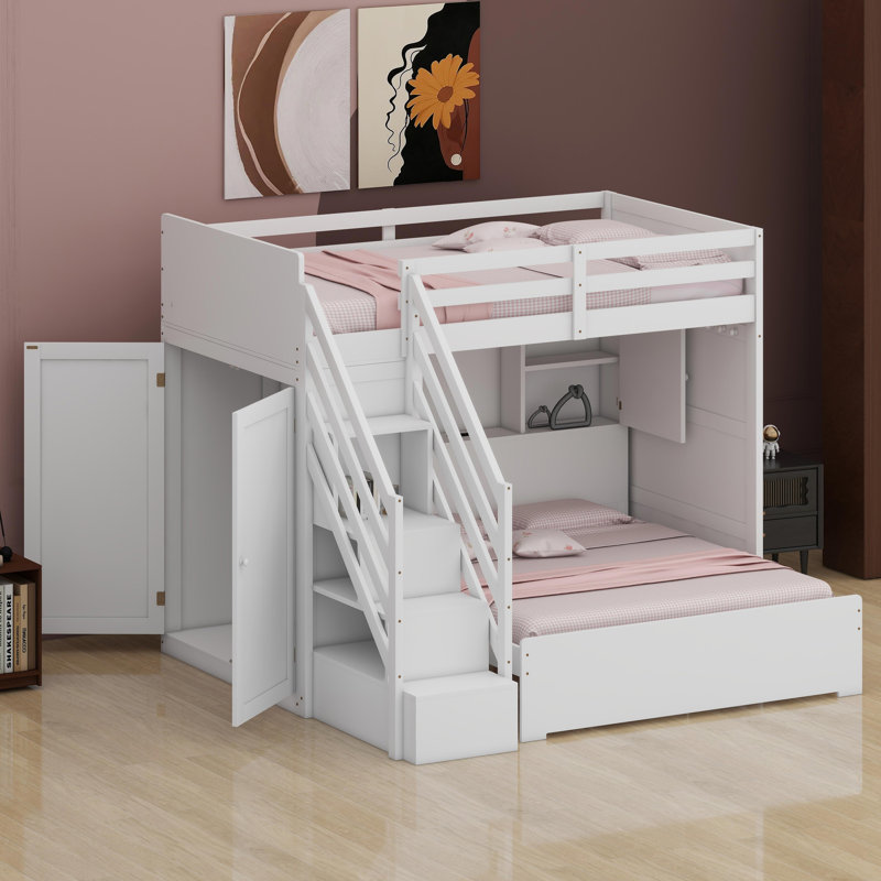 Space-Saving Loft Bed Featuring Climbing Storage Steps, Attached Closet, Multi-Port USB Hub, and LED Light System, White
