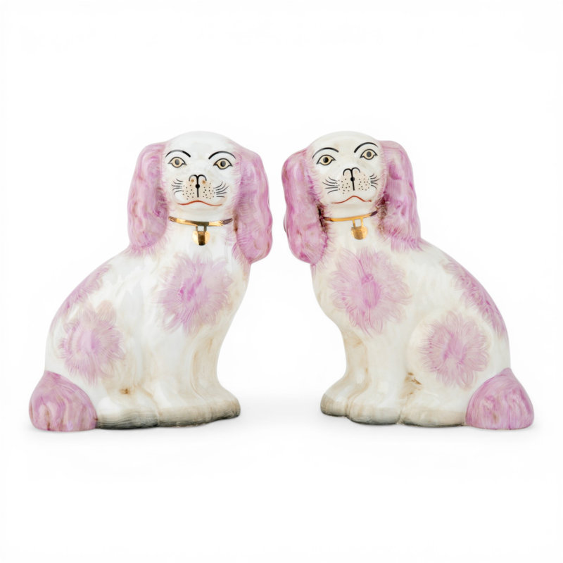 Staffordshire Style Porcelain Dog Pair Pink Accents