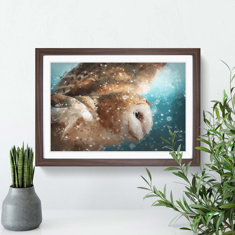 Barn Owl in the Snow in Abstract - Picture Frame Painting Print on MDF, Walnut Framed, 48cm H x 65cm W x 2cm D