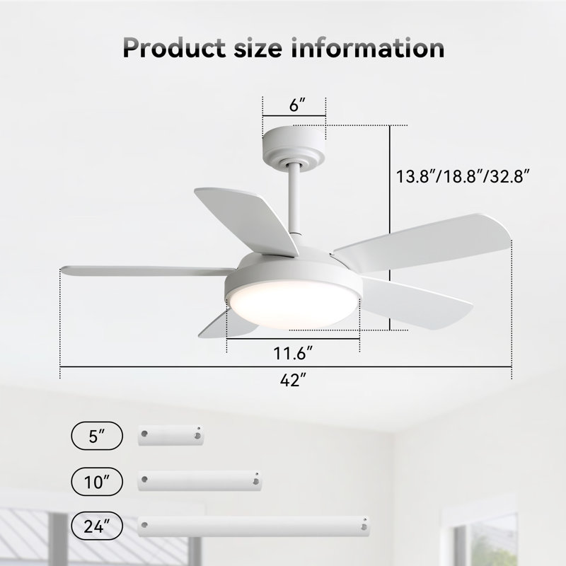 42 Inch White Ceiling Fan With 22W LED Light And Remote Control MDF Blades Reversible DC Motor, White, White