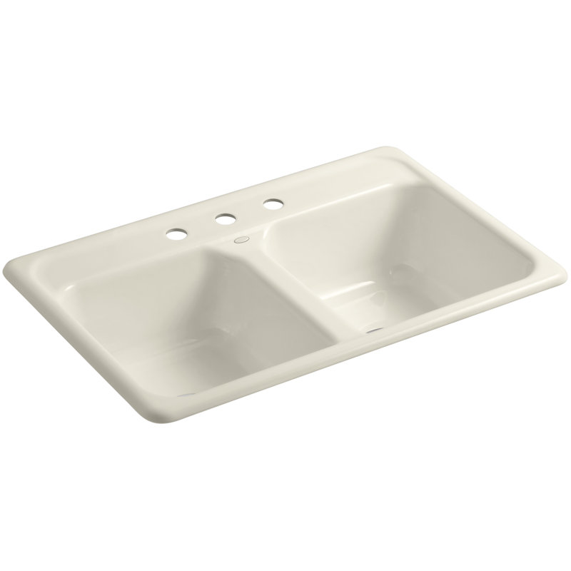 Évier de cuisine encastrable double L 33 po x l 22 po x 8 1/2 po Delafield Cape Dory, 3 trous, Amande