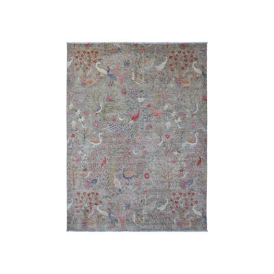 8'10"x12' Jet Grey Afghan Peshawar Bird Design Soft Wool Hand Knotted Rug 54A5485A698D4EA1AC508F470C672F76