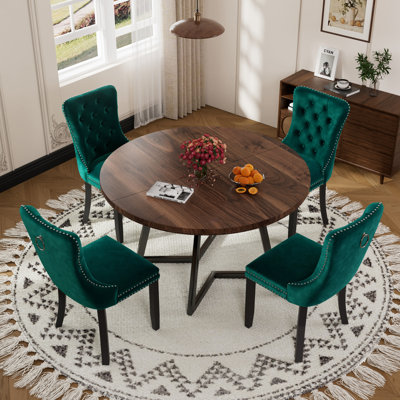 Round Wooden Dining Set with Velvet Dining Chair