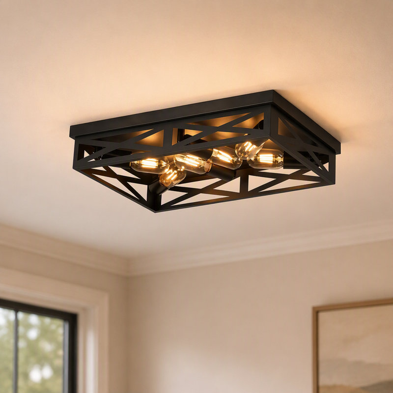 6-Light Matte Black Farmhouse Square Flush Mount Ceiling Light