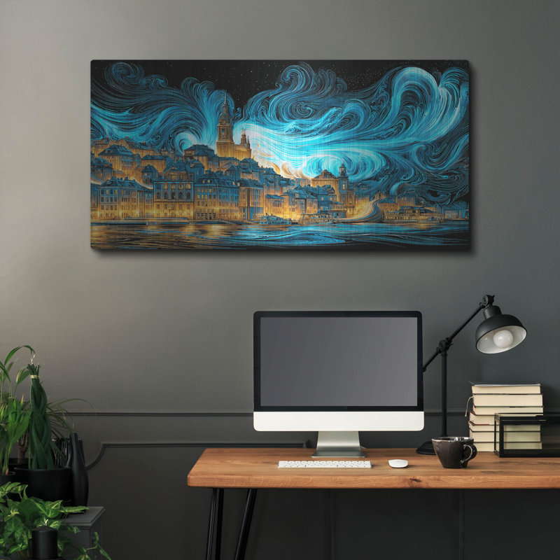 Art mural en métal luxueux «Waves Of Light Over Stockholm» par Ann Klee, 48 po x 24 po, H 24 po x l 48 po