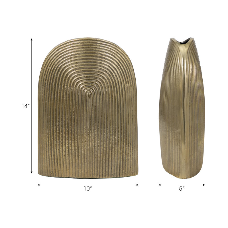 Modern Metal Aluminum Decorative Vase with Sleek Curved Textured Design and Sculptural Contemporary Minimalist Styling for Accent Table or Shelf Display in Living Room or Entryway Decor Piece