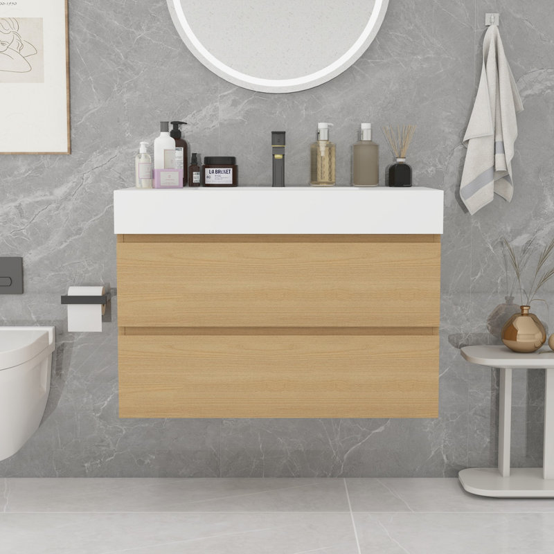 Meuble-lavabo moderne avec lavabo, Blanc, Chêne naturel