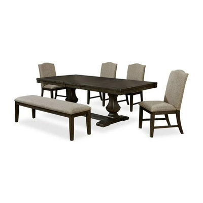 Ensemble de table de salle à manger, de chaise et de banc Kely 6 pièces, plateau extensible, brun gris