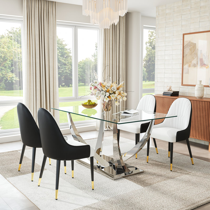 68.9" Rectangular Glass Dining Table Set, Tempered Glass Top, Polished Stainless Steel Crescent-Shaped Base, And Faux Leather Diamond-Back Chairs