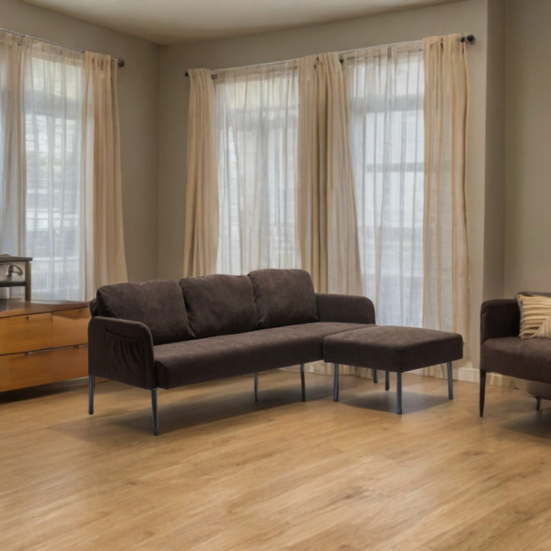 Modern L-Shaped Polyester Fabric Sofa with Ottoman, 29.13" H x 67.4" W x 30.31" D, Brown