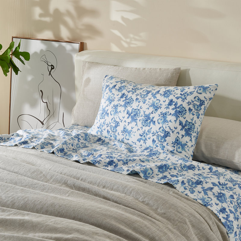 King Size Blue Floral Cotton Flannel Sheet Set