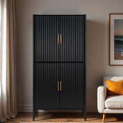 Modern Fluted Wine Cabinet With Glass Display, Stemware Rack, Drawer, Adjustable Shelves And Built-in Led Lighting