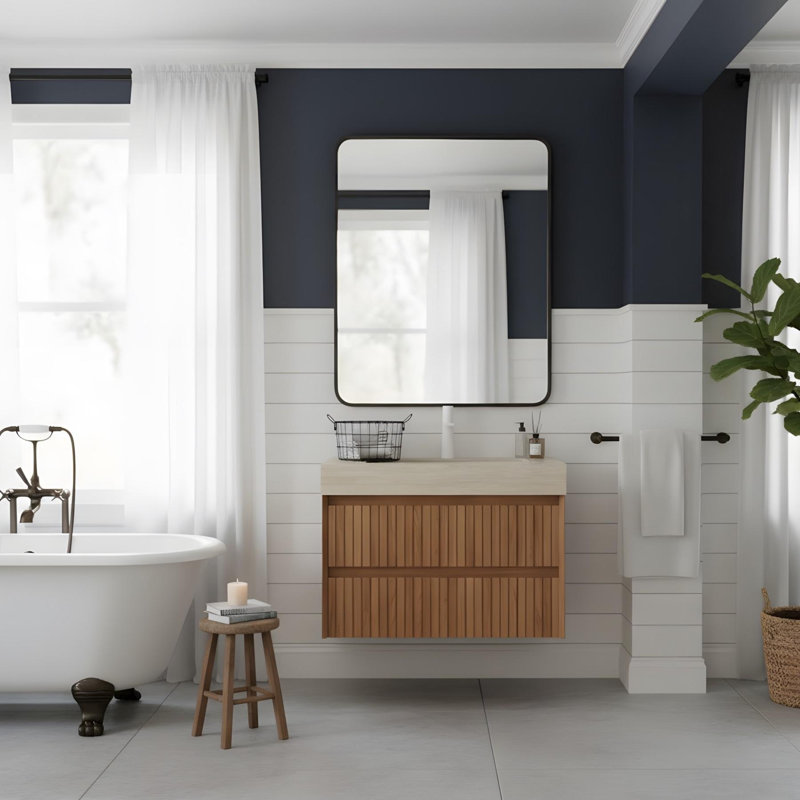 Meuble-lavabo mural 30 po avec 2 tiroirs et lavabo en céramique beige, 30", Beige