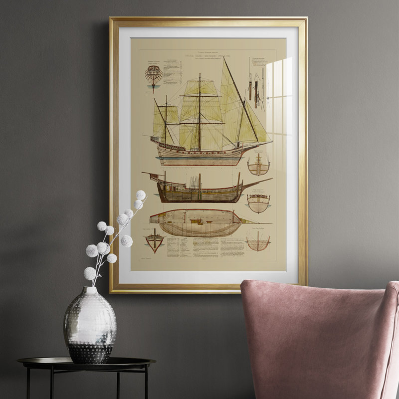 Antique Ship Plan II - impression d'un seul cadre photo sur papier, Or, H 30,5 po x l 22,5 po x P 1 po