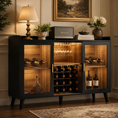 47" W Black Bar Cabinet with Color-Changing LED Lighting, Glass Doors, Wine Storage and Stemware Racks