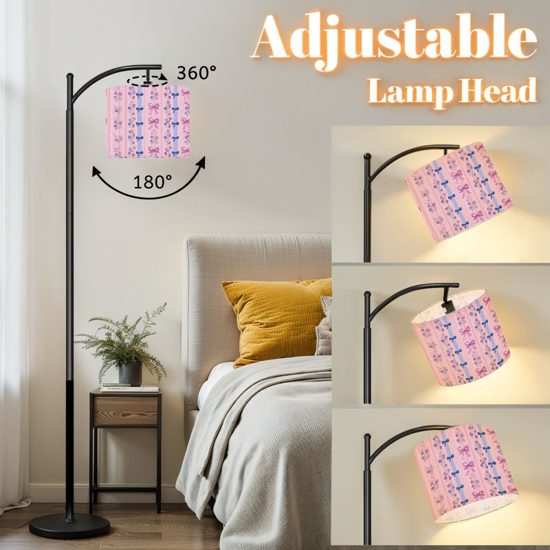 Lampe sur pied à arc avec abat-jour réglable, délicats rubans floraux bleus, fleurs, lampe sur pied pastel, 3 températures de couleur, gradateur haut avec interrupteur à pied pour la chambre à coucher