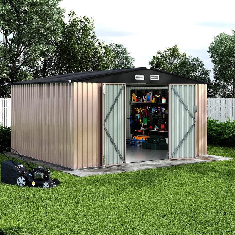 Remise de rangement en métal 10 pi x 12 pi avec plancher, porte verrouillable et évent, remise pour outils de jardin