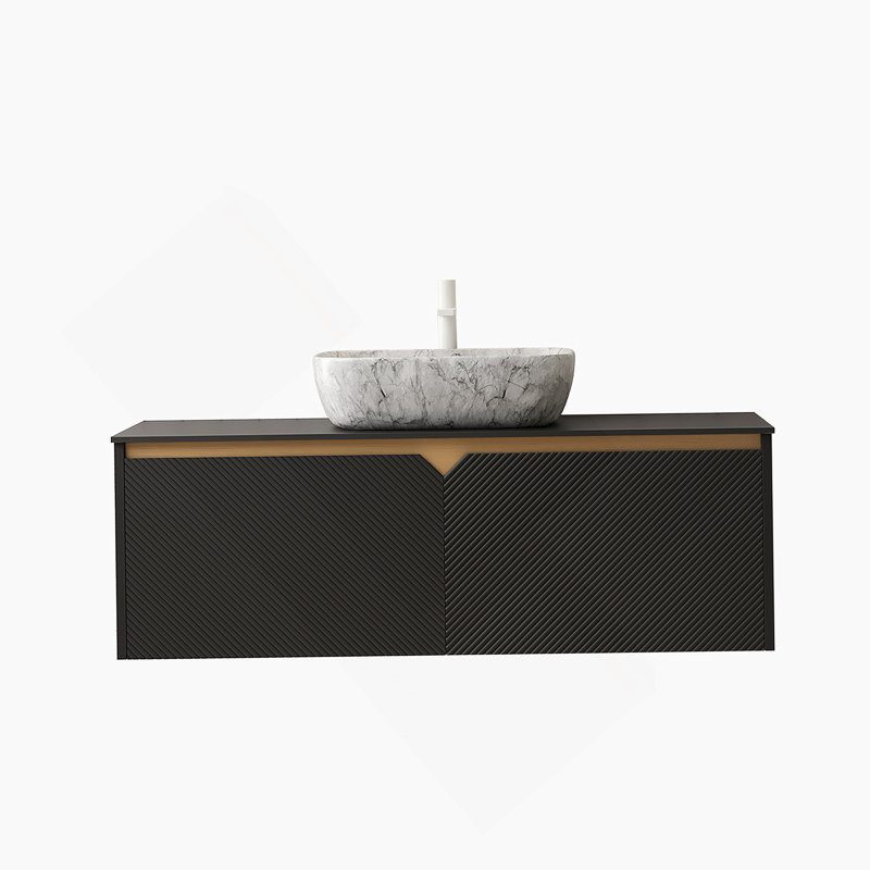 Meuble-lavabo 48 po, meuble-lavabo mural en contreplaqué flottant, portes doubles en sergé avec garniture en métal, vasque rectangulaire en céramique à motif marbré et plateau en pierre frittée noire, noir