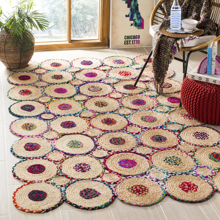 Doleman Hand Woven 70 Jute 30 Recycled Denim Fabric( Denim) Geometric Rug in Red/Natural