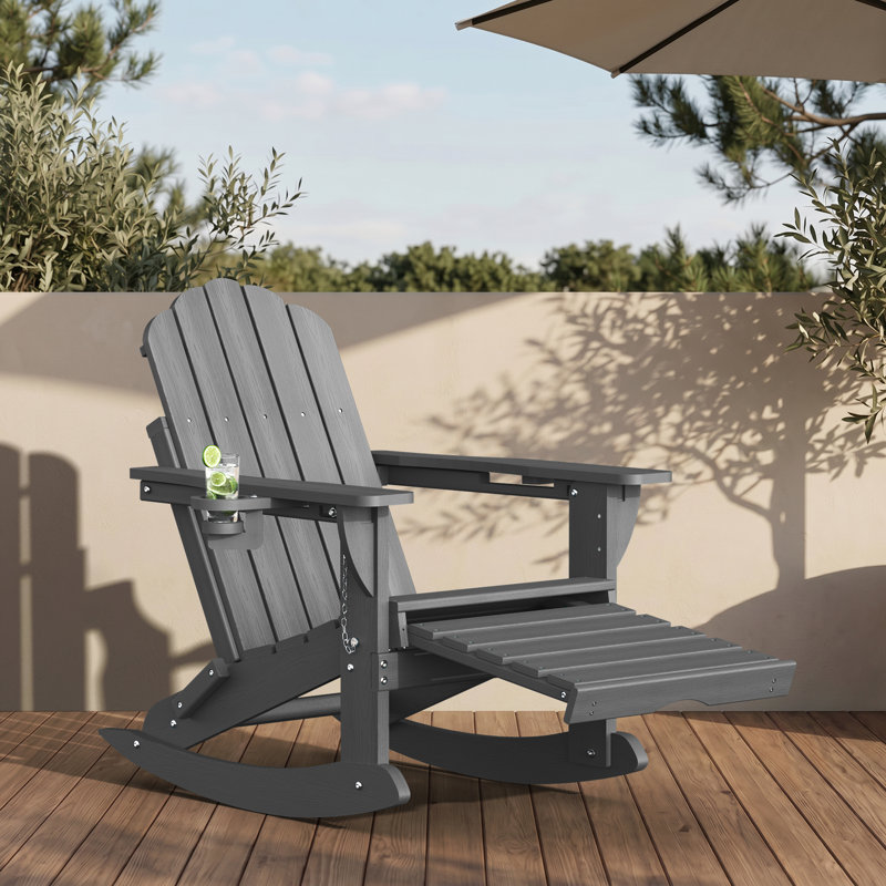 HDPE Foldable Adirondack Rocking Chairs with Retractable Ottoman, Gray