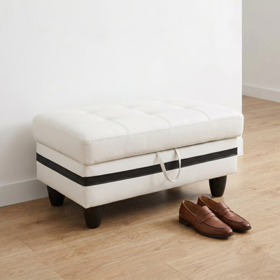 White Faux Leather Storage Ottoman, Rectangular Tufted Lift-Top Storage Footrest Stool With Black Contrast Strip & Wooden Legs, Multifunctional Upholstered Storage Bench Coffee Table For Living Room Bedroom