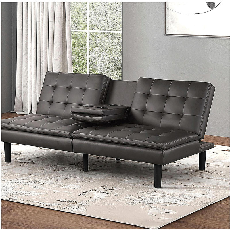 Futon canapé-lit de style contemporain à finition grise convertible en siège capitonné et siège rabattable avec porte-gobelet USB