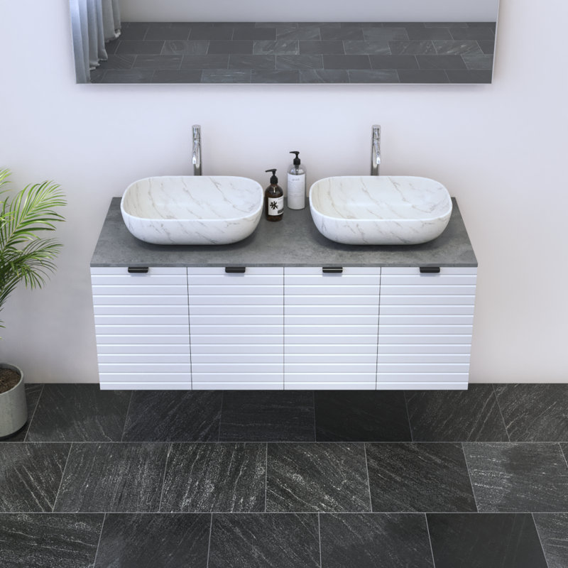Meuble-lavabo double 47,2 po avec comptoir Karaya, Blanc, Béton