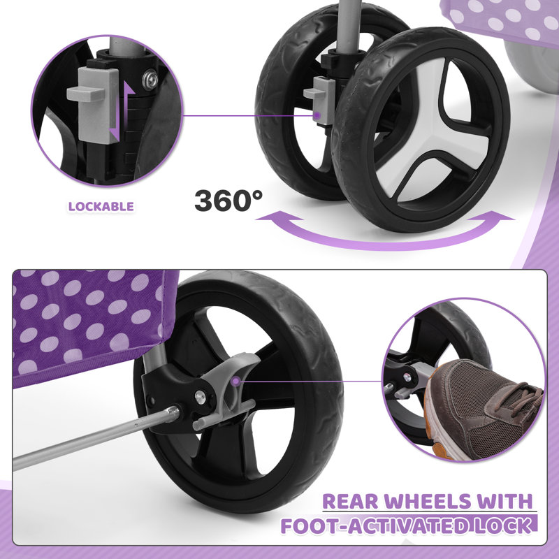 Purple Polka Dot Foldable Pet Stroller with Storage