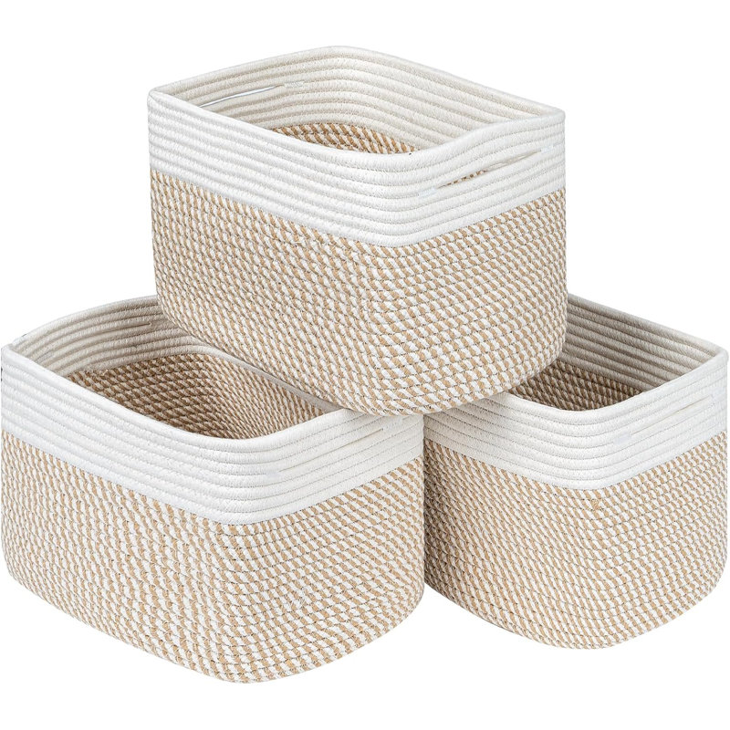 Off-White and Camel Cotton Rope Rectangular Storage Baskets, Set of 3