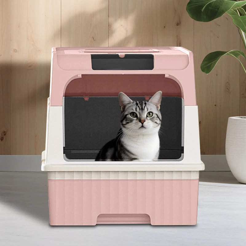 Bac à litière magique entièrement fermé, entrée supérieure et avant avec tiroir coulissant, contrôle des odeurs anti-éclaboussures, grand pour les gros chats (jusqu'à 20 lb), rose
