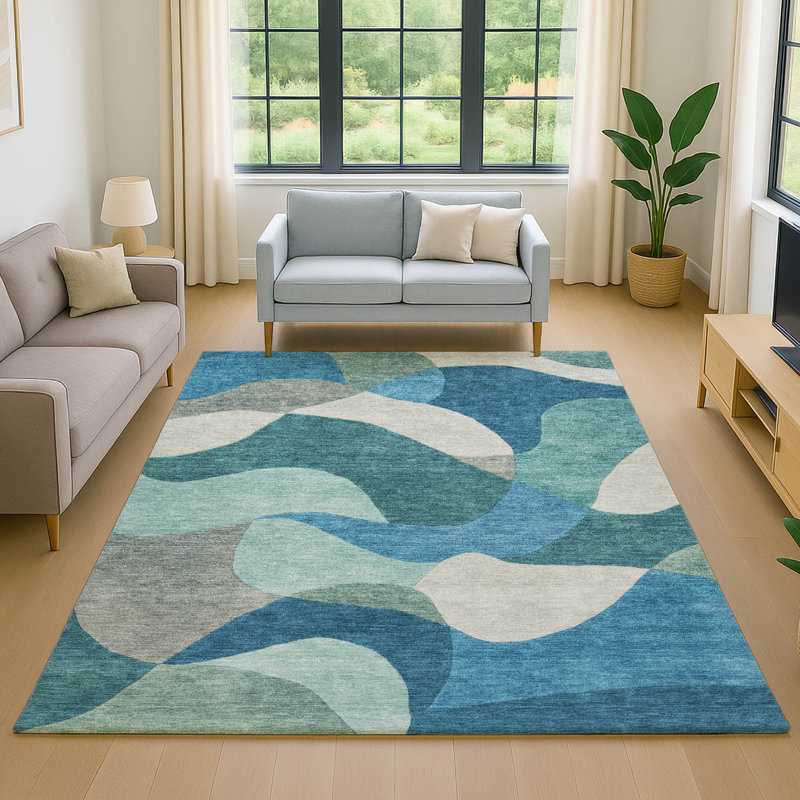 Premium Machine Washable Mayfield AMF2141 abstract Rug, Teal, 5' x 7'6"