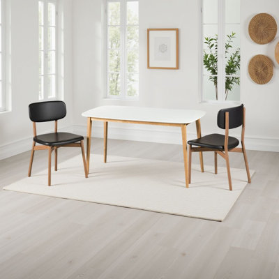 Table de salle à manger, 59 pouces rectangulaire en faux bois blanc, pieds évasés bruns