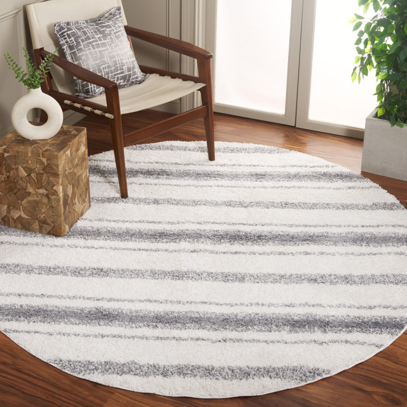 Yahor Border & Stripe Shag 200 Performance Striped Rug, Round 6'7"
