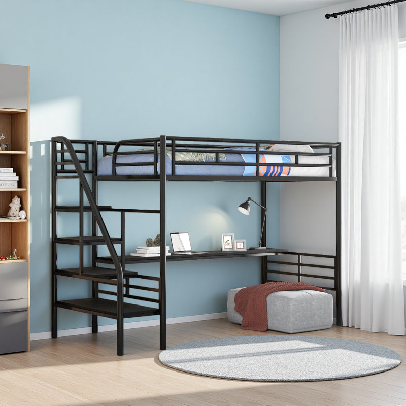 Structure de lit mezzanine en métal avec bureau, aucun sommier nécessaire, simple