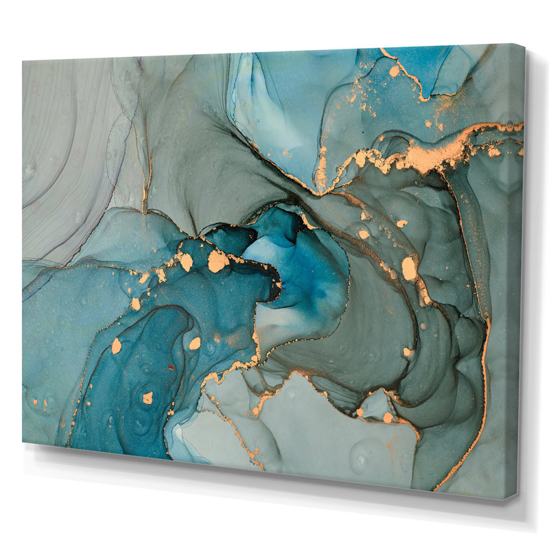 Turquoise doré infusé de marbre - reproduction sur toile, H 24 po x l 32 po, Toile tendue, No Frame