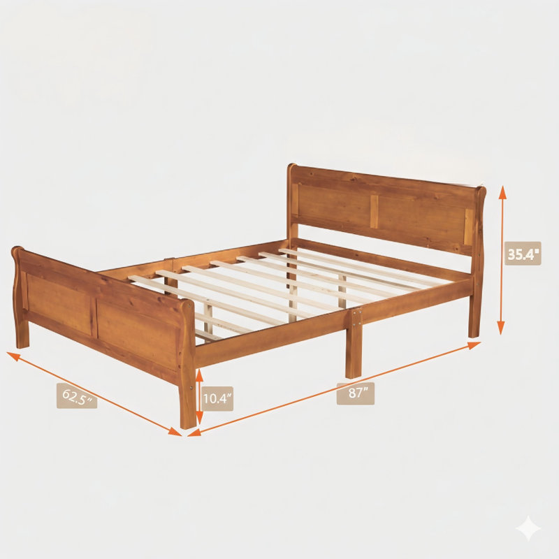 Grand lit plateforme en bois avec une tête de lit attachée et un système de support à lattes en bois. Fabriqué en chêne.