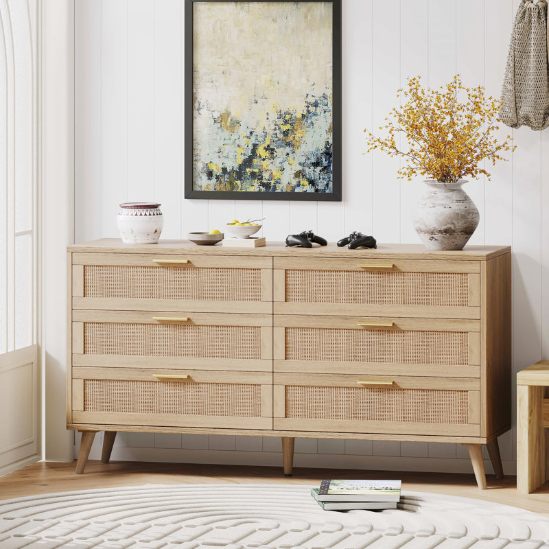 Jakoby Rattan 6 Drawer Double Dresser for Bedroom, Chest of Dressers, Modern Dresser Drawer Chest, Natural