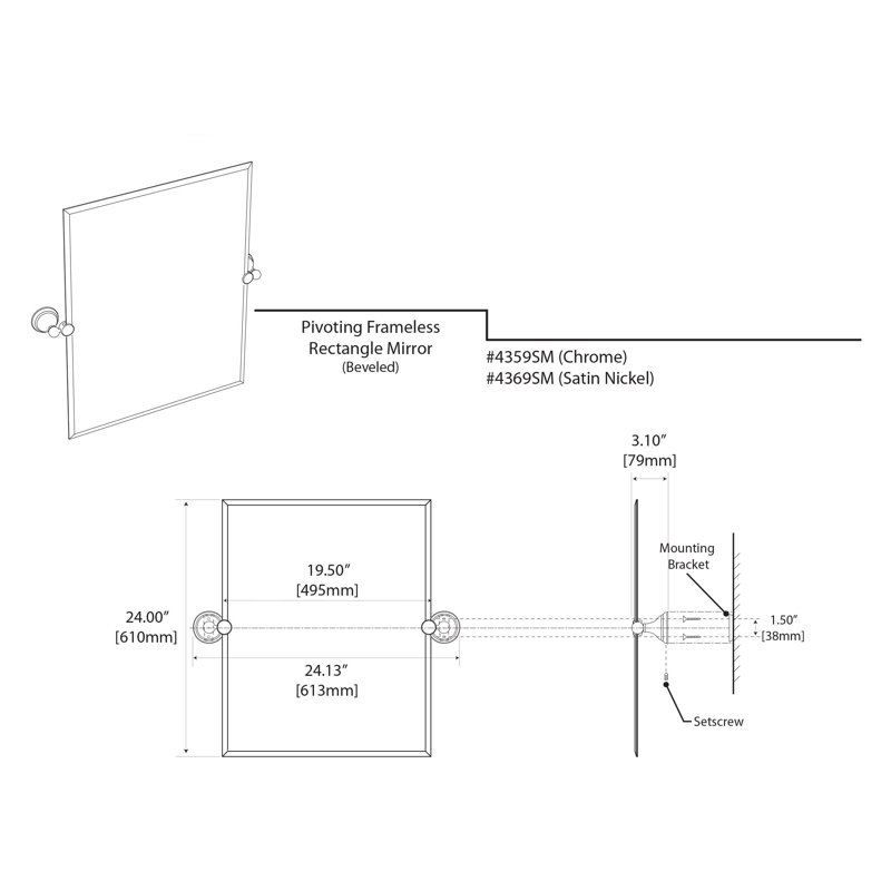 Charlotte Frameless Rectangle Bathroom Vanity Mirror | Pivoting and Beveled Wall Mirror, 24" H x 24.13" W, Chrome