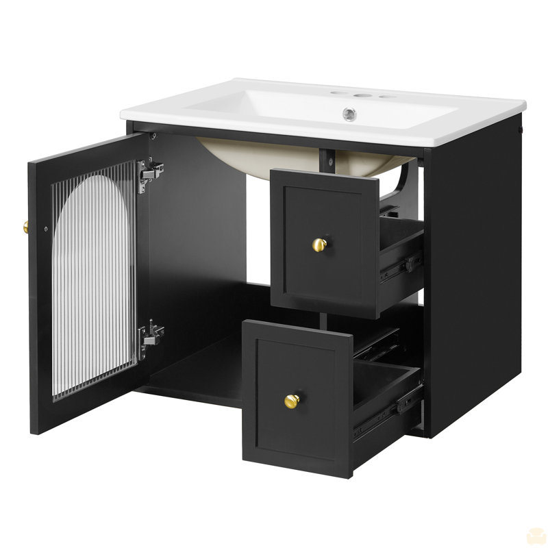 Ensemble de meuble-lavabo mural 24 po avec lavabo en céramique, 2 tiroirs et 1 porte à fermeture en douceur