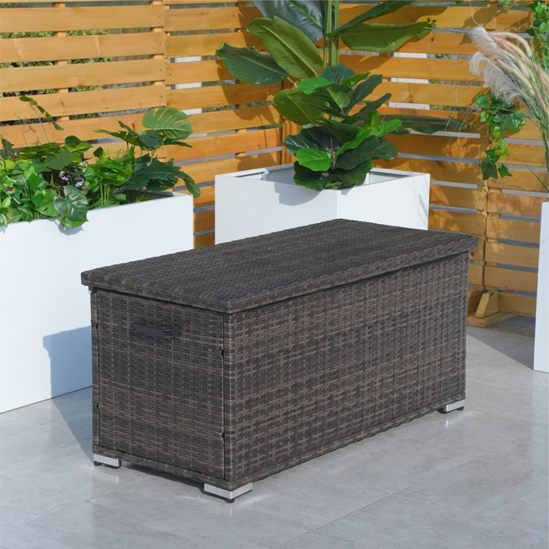 Large Outdoor Wicker Storage Box – Frame, Waterproof Liner, Dual Gas Lifts, 22" H x 48" W x 22" D, Brown