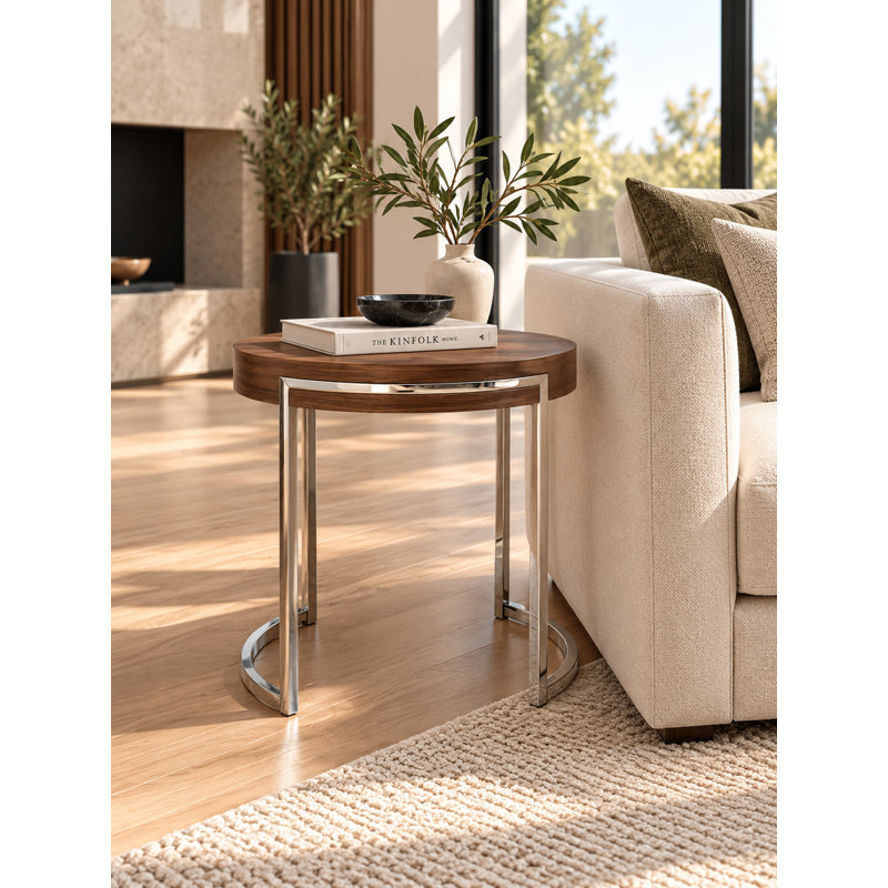 Modern Round Wood Side Table with Polished Stainless Steel Geometric Base – Contemporary Accent End Table for Living Room, Bedroom, or Office – Available in Walnut or White