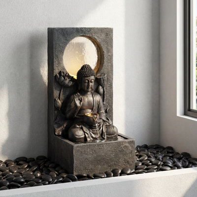 28" H Black Resin Buddha Waterfall Fountain with LED Lights – Zen Fengshui Decor, Freestanding for Patio, Garden & Home