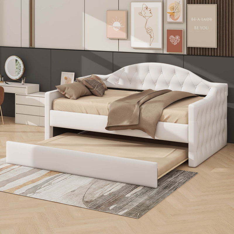 Twin Tufted Upholstered Daybed With Pull Out Trundle, Beige